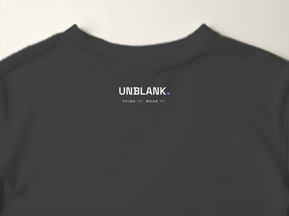UNBLANK back-neck brand print — on every garment