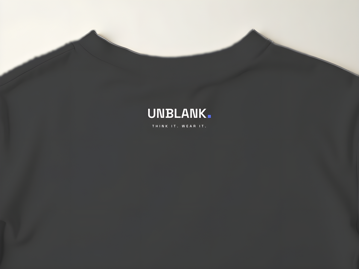 UNBLANK back-neck brand print — on every garment